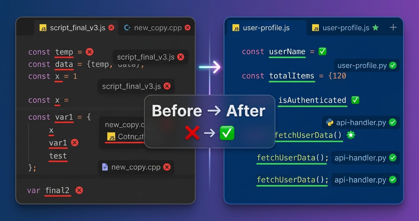 Code editor showing variable names before and after applying naming conventions