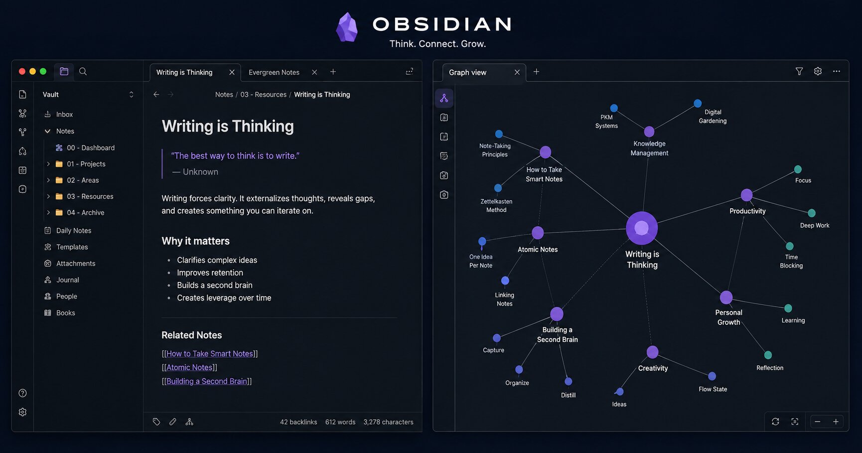 Obsidian dark theme interface showing interconnected notes with graph view