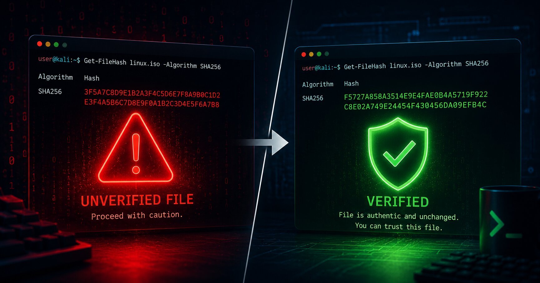 A terminal window showing a SHA256 hash next to a glowing fingerprint icon on a dark background
