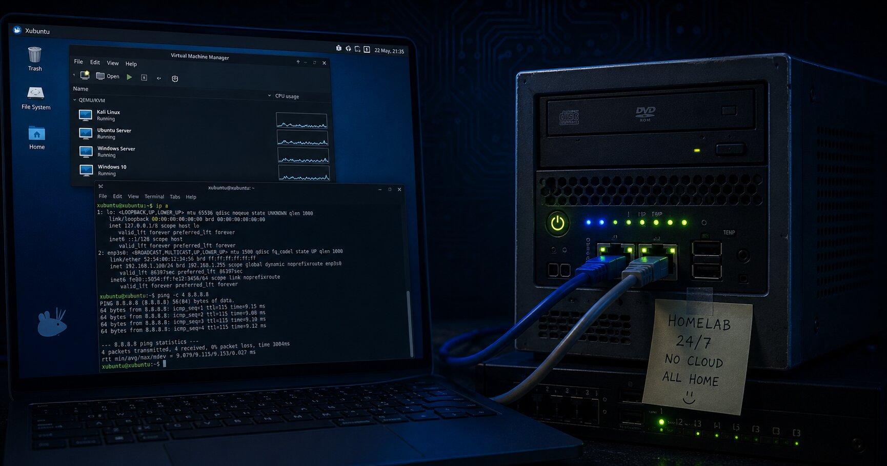 A split-screen showing a laptop running Xubuntu with VMs on the left, and an old server with blinking network lights on the right